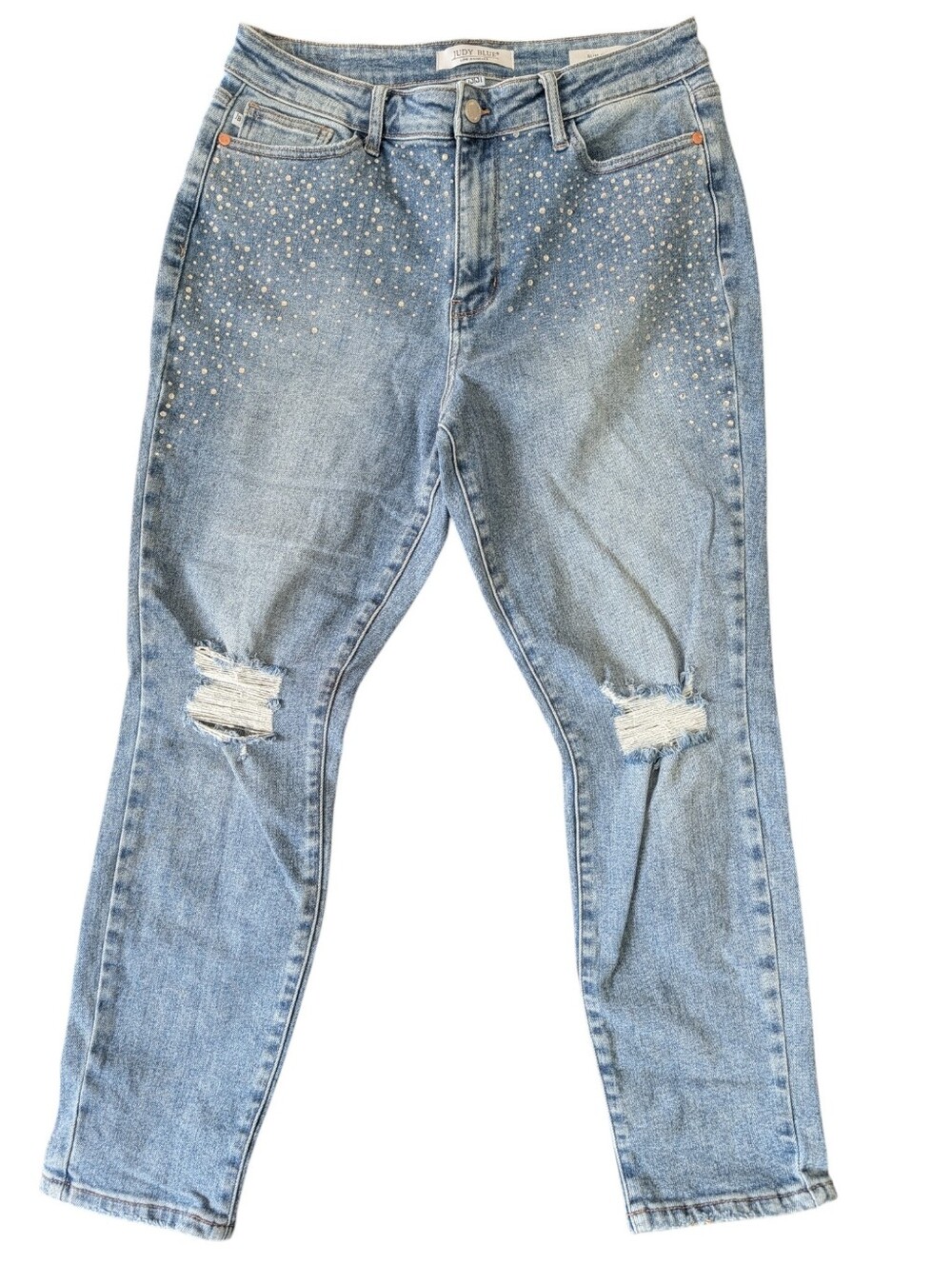 Judy Blue Rhinestone Slim Fit Distressed Jeans Size 13/31 Women's Stretch Denim - Picture 2 of 16